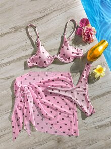 Swim SXY Pink And Black Polka Dot Print Underwire Bikini Set Beach Party Summer Sexy Tropical - Pink - View 4