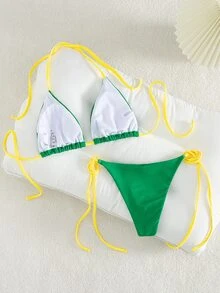 Swim SXY 女士性感夏季度假休闲风牙买加/巴西国旗印花挂脖比基尼上衣搭配侧系带比基尼泳裤，绿色和黄色比基尼。非常适合春假、音乐节、夏季海滩户外派对、度假泳装和泳池派对穿着。世界杯比基尼、比赛日比基尼套装、休闲比基尼套装、度假巴西比基尼、巴西比基尼套装、女士泳装、两件式泳装、女士沙滩装、女士比基尼套装、女士两件式泳装。 - 彩色 - 查看 6