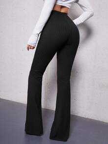 SHEIN Tall Elastic Waist Flare Leg Trousers - Black - View 2