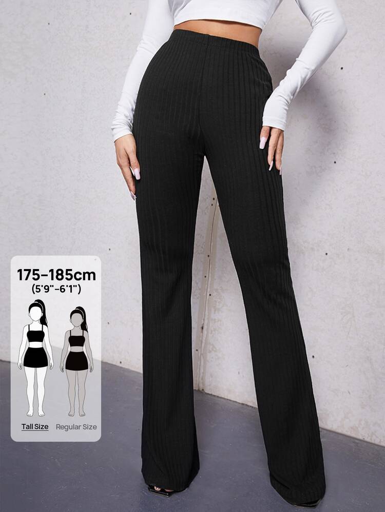 SHEIN Tall Elastic Waist Flare Leg Trousers - Black - View 1