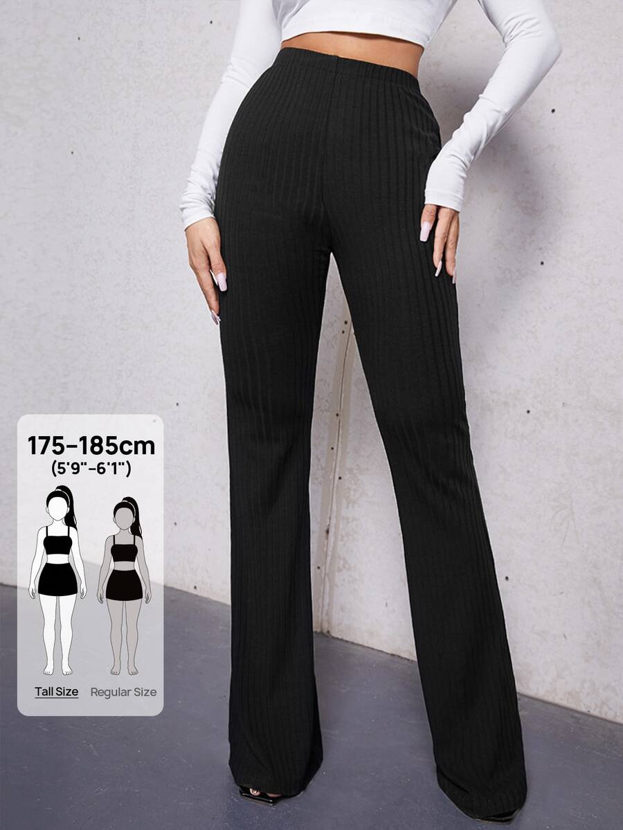 SHEIN Tall Elastic Waist Flare Leg Trousers - Black - View 1
