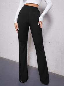 SHEIN Tall Elastic Waist Flare Leg Trousers - Black - View 7
