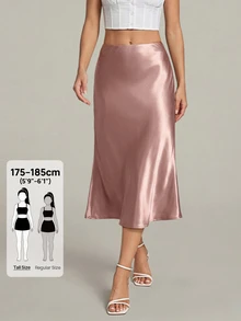 SHEIN Tall 女款純色拉鍊開合優雅A字裙，秋冬款，適合高個女性 - 藕粉色 - 查看 1