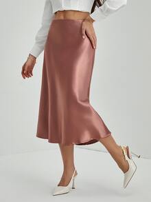 SHEIN Tall 女款純色拉鍊開合優雅A字裙，秋冬款，適合高個女性 - 藕粉色 - 查看 6