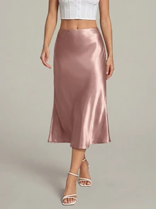 SHEIN Tall 女款純色拉鍊開合優雅A字裙，秋冬款，適合高個女性 - 藕粉色 - 查看 8