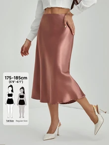 SHEIN Tall 女款純色拉鍊開合優雅A字裙，秋冬款，適合高個女性 - 藕粉色 - 查看 7