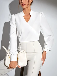 SHEIN Tall 素色缺口領泡泡袖女式襯衫，適合高個女性 - 白色 - 查看 3