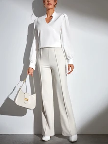 SHEIN Tall 素色缺口領泡泡袖女式襯衫，適合高個女性 - 白色 - 查看 4