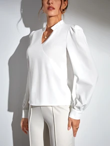 SHEIN Tall 素色缺口領泡泡袖女式襯衫，適合高個女性 - 白色 - 查看 7