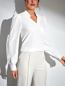 SHEIN Tall 素色缺口領泡泡袖女式襯衫，適合高個女性 - 白色 - 查看 6