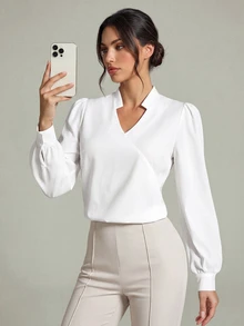 SHEIN Tall 素色缺口領泡泡袖女式襯衫，適合高個女性 - 白色 - 查看 8