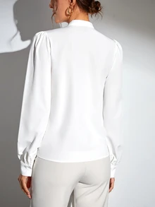 SHEIN Tall 素色缺口領泡泡袖女式襯衫，適合高個女性 - 白色 - 查看 2