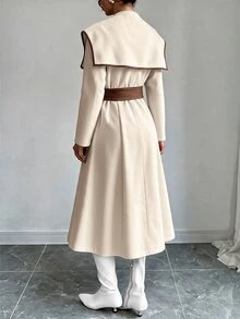 Elenzga 1件撞色滾邊瀑布領繫帶大衣 - 彩色 - 查看 2