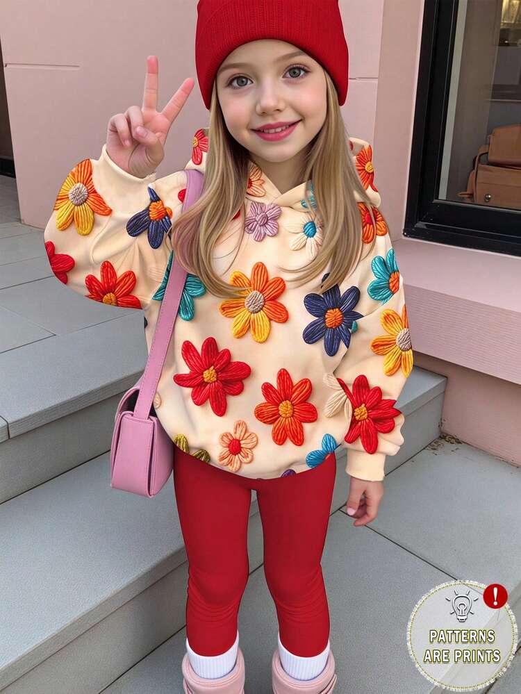 Young Girl Casual Cute Textured Ditsy Floral, Red Vintage Style, Floral Pastoral, Long Sleeve Hoodie & Leggings 2-Piece Set, Suitable For Autumn/Winter, Graphic, Cozy, Girls Outfit Sets, Y2K, Vintage, Back To School - Multicolor - View 2
