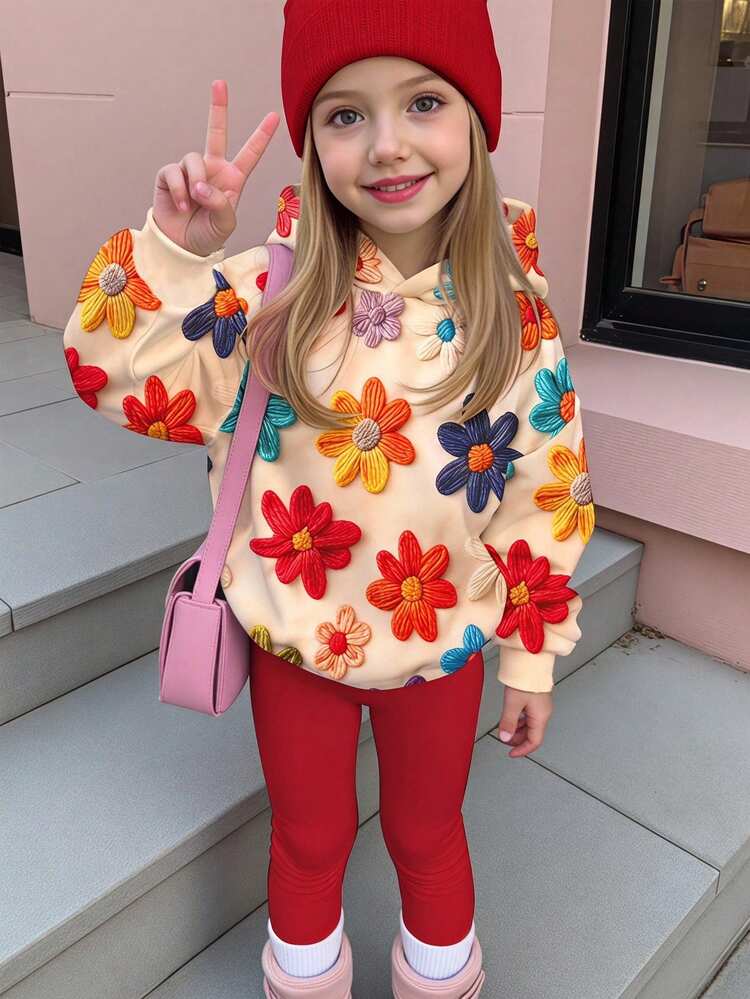 Young Girl Casual Cute Textured Ditsy Floral, Red Vintage Style, Floral Pastoral, Long Sleeve Hoodie & Leggings 2-Piece Set, Suitable For Autumn/Winter, Graphic, Cozy, Girls Outfit Sets, Y2K, Vintage, Back To School - Multicolor - View 7