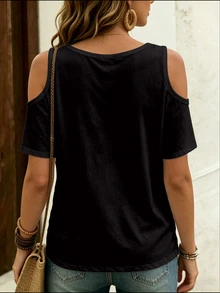 EMERY ROSE Diamond Glitter Print Casual Stylish V-Neck Off-Shoulder Short Sleeve T-Shirt - Multicolor - View 2