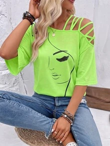 SHEIN Holidaya 女款夏季抽象臉孔印花不對稱領休閒街頭風T恤圖案上衣城市度假風萊姆綠 - 綠色 - 查看 4