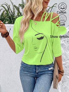 SHEIN Holidaya 女款夏季抽象臉孔印花不對稱領休閒街頭風T恤圖案上衣城市度假風萊姆綠 - 綠色 - 查看 3