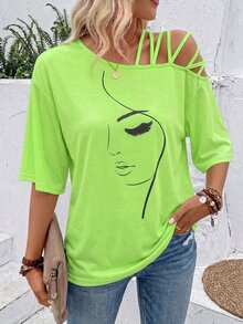 SHEIN Holidaya 女款夏季抽象臉孔印花不對稱領休閒街頭風T恤圖案上衣城市度假風萊姆綠 - 綠色 - 查看 5