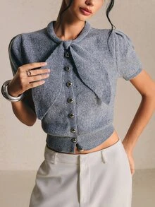 Poéselle 女款領結領短花瓣袖單排扣休閒法式優雅針織上衣，辦公室早午餐茶會穿搭，上班上衣，夏季灰藍色 - 灰色 - 查看 3