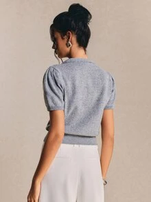 Poéselle 女款領結領短花瓣袖單排扣休閒法式優雅針織上衣，辦公室早午餐茶會穿搭，上班上衣，夏季灰藍色 - 灰色 - 查看 8