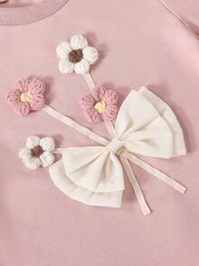 SHEIN Genkimix Kids 女童短袖t卹,3d花和蝴蝶結點綴圓領 - 粉色 - 查看 7
