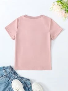 SHEIN Genkimix Kids 女童短袖t卹,3d花和蝴蝶結點綴圓領 - 粉色 - 查看 3