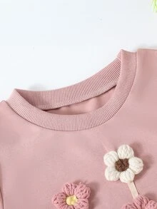 SHEIN Genkimix Kids 女童短袖t卹,3d花和蝴蝶結點綴圓領 - 粉色 - 查看 6