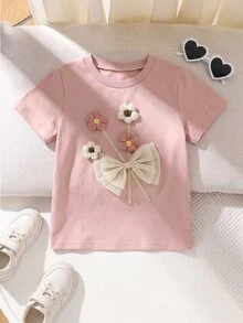SHEIN Genkimix Kids 女童短袖t卹,3d花和蝴蝶結點綴圓領 - 粉色 - 查看 10