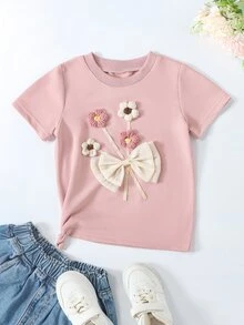 SHEIN Genkimix Kids 女童短袖t卹,3d花和蝴蝶結點綴圓領 - 粉色 - 查看 4