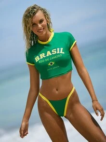 Swim SPRTY Women's Brazil Flag Print 3 Pieces Sports Surfing Set, Halter Micro Bikini & Triangle Bag,Green,Summer,Casual,Beach,Holiday Yellow & Green Outfit - Green - View 3