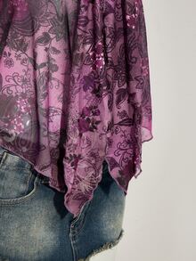 SHEIN ICON 复古印花不对称下摆网眼饰边女式背心 - 紫色 - 查看 10
