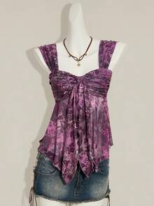 SHEIN ICON 复古印花不对称下摆网眼饰边女式背心 - 紫色 - 查看 11