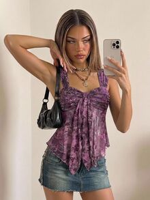SHEIN ICON 复古印花不对称下摆网眼饰边女式背心 - 紫色 - 查看 3