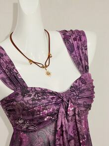 SHEIN ICON 复古印花不对称下摆网眼饰边女式背心 - 紫色 - 查看 9