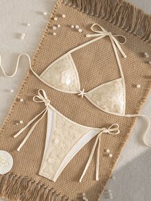 Bonvoyette 2pcs/Set Sexy Halter Neck Solid Color Sequin Bikini Swimwear, Spring/Summer - Beige - View 5
