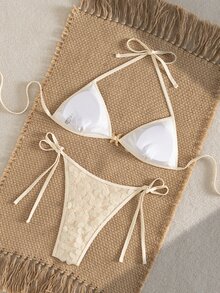 Bonvoyette 2pcs/Set Sexy Halter Neck Solid Color Sequin Bikini Swimwear, Spring/Summer - Beige - View 2