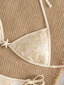 Bonvoyette 2pcs/Set Sexy Halter Neck Solid Color Sequin Bikini Swimwear, Spring/Summer - Beige - View 6