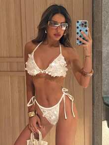 Bonvoyette 2pcs/Set Sexy Halter Neck Solid Color Sequin Bikini Swimwear, Spring/Summer - Beige - View 1