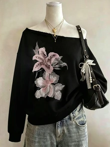 Lalippa Women's Floral Pattern Comfortable Asymmetrical Shoulder Casual Sweatshirt, Suitable For Autumn/Winter Daily Wear And Gatherings. - Black - View 1