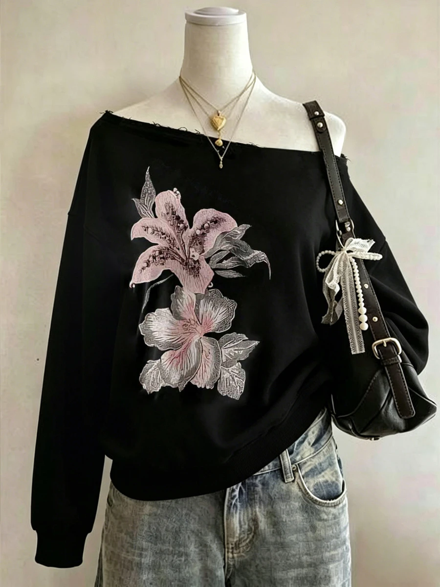 Lalippa Women's Floral Pattern Comfortable Asymmetrical Shoulder Casual Sweatshirt, Suitable For Autumn/Winter Daily Wear And Gatherings. - Black - View 1