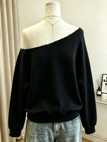 Lalippa Women's Floral Pattern Comfortable Asymmetrical Shoulder Casual Sweatshirt, Suitable For Autumn/Winter Daily Wear And Gatherings. - Black - View 2