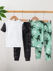 SHEIN 小男孩休閒簡約修身舒適圓領短袖長褲居家服，適合春夏，經典可愛卡通恐龍印花 - 彩色 - 查看 3