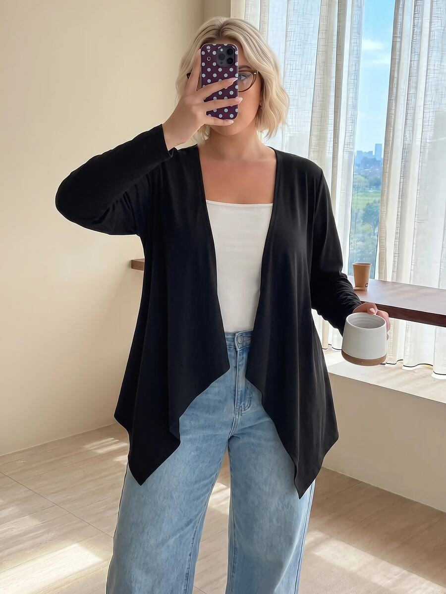 SHEIN CURVE+ Plus Size Women's Floral Long Sleeve Asymmetrical Hem Black Jacket, Simple Casual Suitable For Outings, Suitable For Autumn/Winter Fall - White - View 1