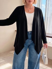 SHEIN CURVE+ Plus Size Women's Floral Long Sleeve Asymmetrical Hem Black Jacket, Simple Casual Suitable For Outings, Suitable For Autumn/Winter Fall - White - View 2