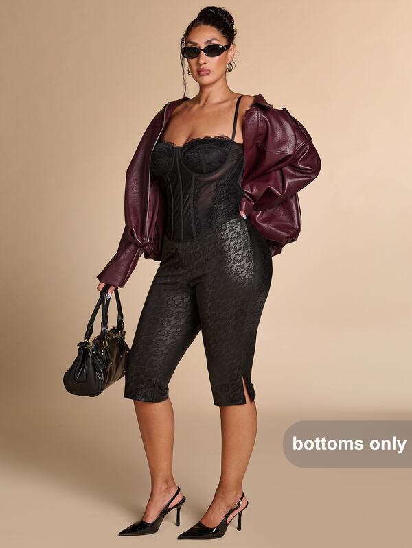 SHEIN BAE CURVE Plus Size Women's Black Tight PU Leggings, Elegant Sexy Leggings Rave Party Concert Summer