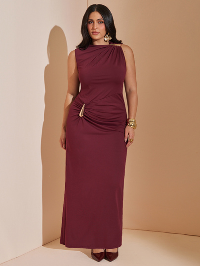 SHEIN BAE CURVE Plus Size Women's Burgundy Long Fitted Dress With Metallic Decor, Suitable For Outings And Dates