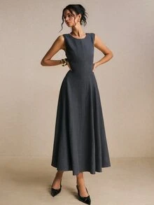 Poéselle Women's New Solid Round Neck Sleeveless Midi Dress, Structured Cut Design, Versatile 4‑Season Wear For Fall Winter, Date Night, Office & Daily Casual - Dark Grey - View 8