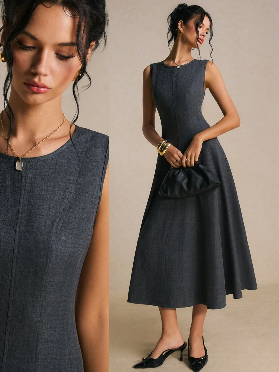 Poéselle Women's New Solid Round Neck Sleeveless Midi Dress, Structured Cut Design, Versatile 4‑Season Wear For Fall Winter, Date Night, Office & Daily Casual