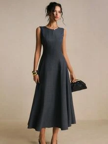 Poéselle Women's New Solid Round Neck Sleeveless Midi Dress, Structured Cut Design, Versatile 4‑Season Wear For Fall Winter, Date Night, Office & Daily Casual - Dark Grey - View 5